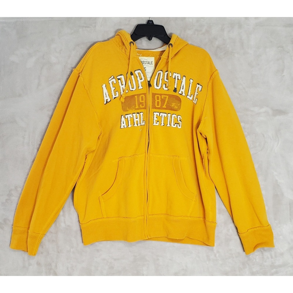 Vtg Aeropostale 1987 Athletics‎ Hooded Jacket Mens L Fleece Full Zip Y2K Mustard
